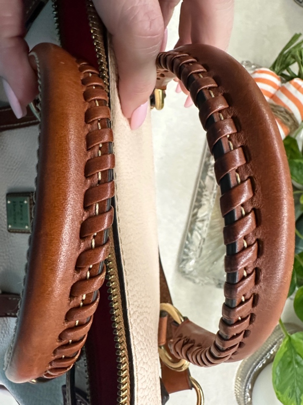 Dooney & Bourke Pink Pebble Leather Satchel with Brown Trim - Picture 6 of 9